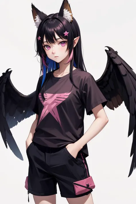 1girl, solo, fox ears, pink eyes, black hair, multicolored shirt, short pants, long hair, hair ornament, star, ((wings)), StarGlitcherWings, expressionless, hand in pocket