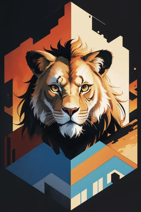 a silhouette design of a lion, sunset design, t- shirt art, 3D vector art, cute and quirky, bright bold colorful., black background, watercolor effect, , digital painting, low-poly, soft lighting, birds-eye view, isometric style, retro aesthetic, focused o...