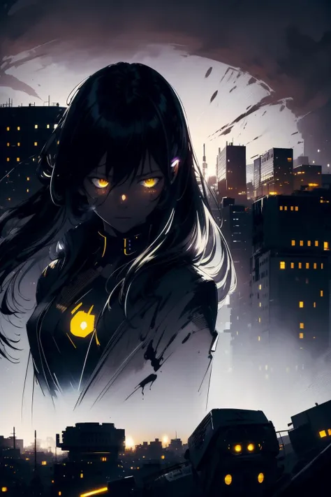 1 girl, long hair, solo, glowing yellow eyes, (((Ink drawing))), Black background, Black hair, City background, closed mouth, bangs, very long hair, hair between eyes, Dark lights, (Dimlighting:1.7), (((Bright foreground lighting))), Cyber city