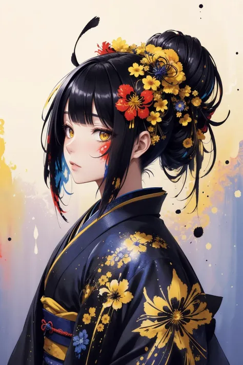 masterpiece, best quality, 1 girl, kimono, (lycoris flower) in hair, highly detailed, high definition, hair up, (yellow ink and paint splatter), (indigo ink and paint splatter), (black ink, black paint splatter), watercolor, vibrant colors, octans