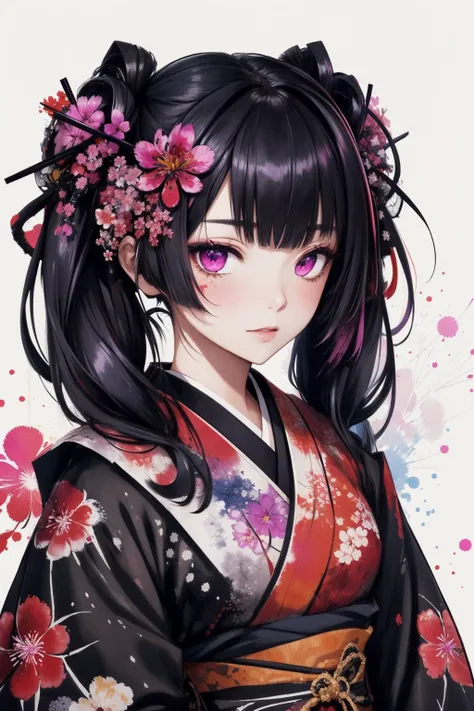 masterpiece, best quality, 1 girl, kimono, (lycoris flower) in hair, highly detailed, high definition, twintails, (magenta ink and paint splatter), (marroon ink and paint splatter), (black ink, black paint splatter), watercolor, vibrant colors, octans