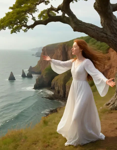 Standing resplum-hued cliffs overlooking vast ocean, young woman in white gown with chestnut hair billows behind her, black eyes gazes viewer, lipsparted, while reaching out arm towards ancient oak tree beside her, her hand poised at waist, with an air of ...