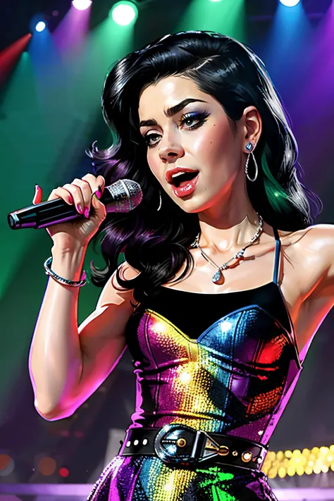 marinad1 wearing rainbow dress, 1girl, gloves Silver, singing into a microphone, Violet dress, (puffy lips:0.9), (stanleylau style:0.9), facing viewer, looking at viewer, private press, hologram, dark green hair, earrings, eyeshadow, holding, holding micro...