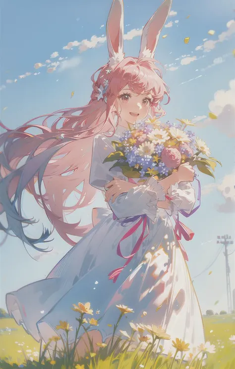 1girl, animal ears, dress, animal, pink hair, long hair, flower, bow, outdoors, smile, day, solo, rabbit, white dress, red eyes, long sleeves, hair bow, field, sky, white bow, closed mouth, white flower, bangs, rabbit ears, very long hair, cloud, wide slee...