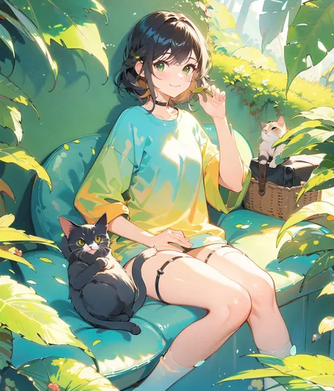 clpstyle,no humans,green eyes,cat,animal focus,leaf,blush,:3,animal,closed mouth,plant,foliage,outdoors,solo,looking at viewer,whiskers,sunlight,smile <lora: