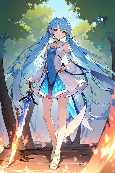 masterpiece, best quality,(full body:1.6),(sci-fi 1girl:1.5 ),(very cute ),(adorable),(small high tech in forest),(holding  magic flame sword:1.6)