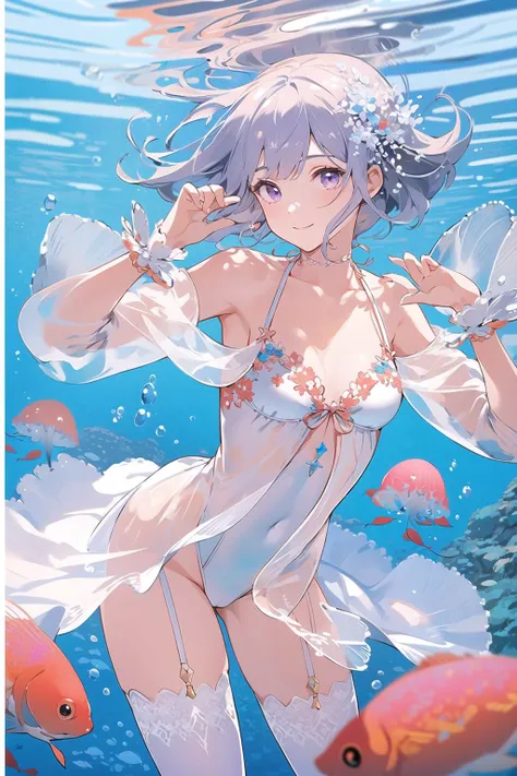 masterpiece, best quality, extremely detailed, detailed background, detailed face, blunt bangs, 1girl, jellyfish, underwater, solo, purple eyes, coral, white hair, smile, short hair, bubble, looking at viewer, bare shoulders, fish, frills, breasts, air bub...