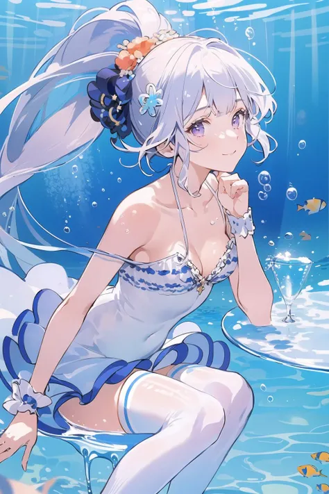 masterpiece, best quality, extremely detailed, detailed background, detailed face, blunt bangs, 1girl, jellyfish, underwater, solo, purple eyes, coral, white hair, smile, short hair, bubble, looking at viewer, bare shoulders, fish, frills, breasts, air bub...