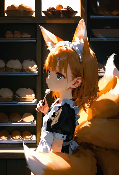 score_9, score_8_up, 1girl, cute, solo, symmetry, straight on, upper body, fox ears, fox tail, kyuubi, multiple tails, small breasts, animal ear fluff, (ear tufts:1.2), maid, pastry, shop, standing, old shop, old interior, cozy, comfy, soft lighting, warm ...