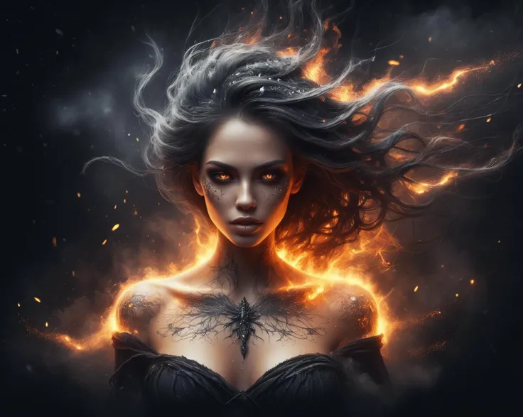 Logo Design of illustration by  Bastien L. Deharme, dark fantasy art an image consisting entirely of flying particles of ash and ash depicting a luxury beautiful demoness with burning eyes developing flying long high messy silk hair, she  dressed in a air ...