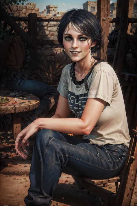 (masterpiece, top quality, best quality, official art, detailed:1.2), <lora:irisW3:0.8>, irisW3, 1girl, looking at viewer, (smile:1.2), black hair, tshirt, jeans, lips, makeup, full body, realistic, sitting, garden, outdoors