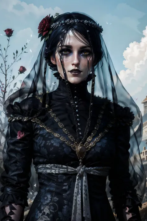 (masterpiece, top quality, best quality, official art, detailed:1.2), <lora:irisW3:0.7>, irisW3, 1girl, solo, short hair, black hair, hair ornament, dress, jewelry, upper body, flower, hair flower, necklace, black dress, makeup, rose, veil, black lips, gre...