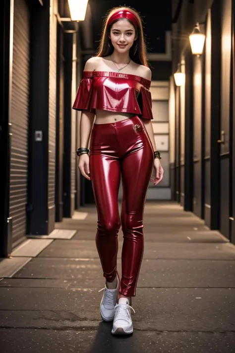 a woman in a red top and red pants is walking down a hallway