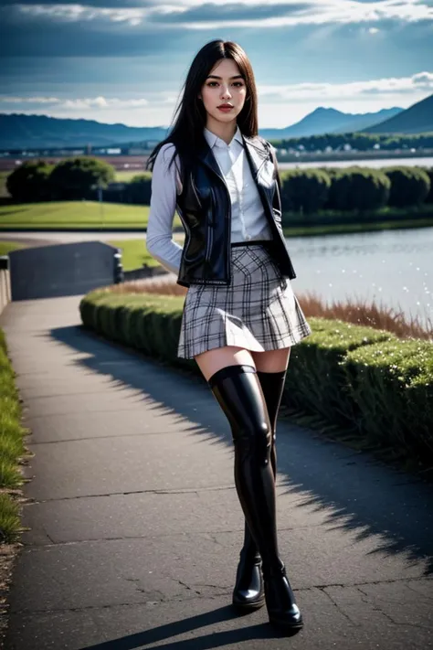 realistic, masterpiece, high detailed skin, looking at viewer, full body shot, scenic view, long hair, black hair
<lora:Latex_Skirt_Jacket_Vest_By_Stable_Yogi:1> latex pattern thighhighs, skirt and jacket, vest