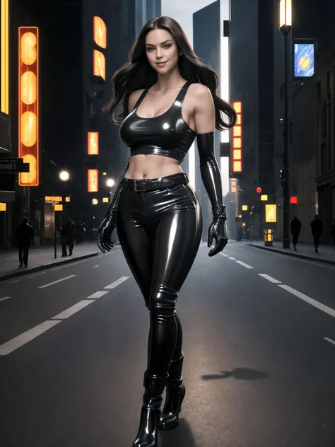 ((Masterpiece, best quality, cinematic lighting,solo,full body,beautiful face,long hair, hour glass body)),(smile:0.85),<lora:Latex_TankTop_Pants_By_Stable_Yogi:1>,latex tank top,pants,belt,gloves,boots,(perfect symmetrical body),walking on cityscape,mediu...