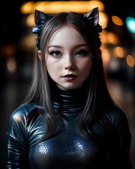 a close up of a woman in a cat suit with a cat ear