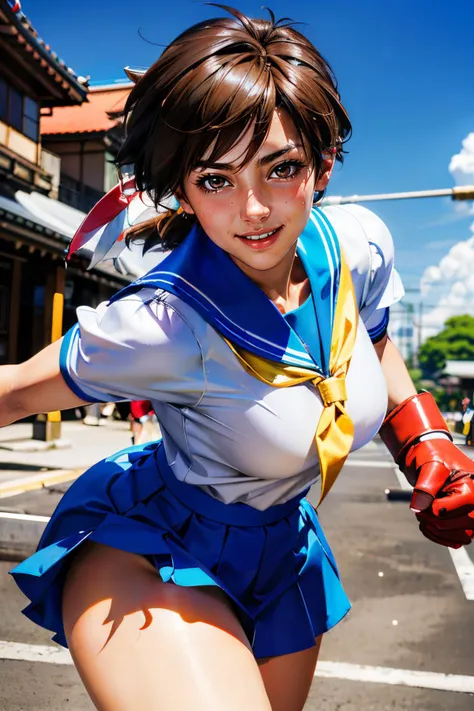 sakura kasugano, brown eyes, short brown hair, blue mini skirt,white headband, yellow seifuku, school uniform,short sleeves, white shirt, red fighting gloves, looking at viewer, smiling, 
outside, blue sky, extreme detail, <lora:sakura_kasugano:.6>