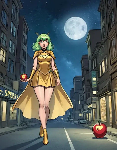 <lora:Ceres_Fauna:.8> ceres fauna. dress. golden apple as a comicbook superhero, city streets, night