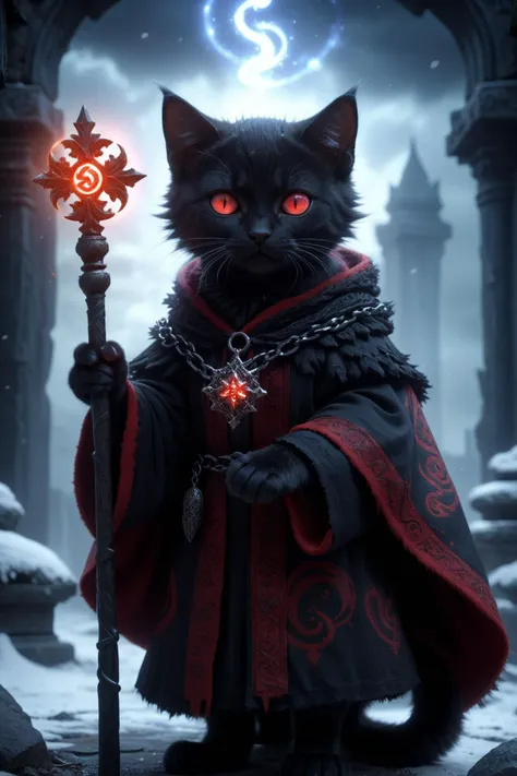 kitten,
fantasy worlds,
black cat mage wearing intricate ancient robes,
holding an black staff,
red eyes,
intricate runic symbols swirling around,
casting  Snowflake spell,
fluffy tail,
detailed surroundings,
(hyper-detailed,high quality visuals,dim Lighti...