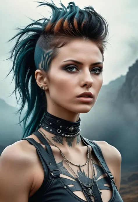 a woman with blue hair and piercings wearing a black top