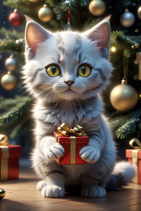 kitten,
fantasy worlds,
young cat,holding gift, Christmas tree, Christmas, 
ON tree,
yellow eyes,
fluffy tail,
detailed surroundings,
(hyper-detailed,high quality visuals,dim Lighting,ultra-realistic,sharply focused,octane render,8k UHD,masterpiece,high qu...