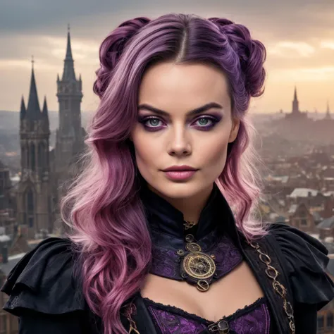 steampunk style extreme detailed professional portrait photo of margot robbie with ((dark-violet hair with pink strand of hair)) and wearing (((gothic makeup))) and dressed in fancy dress with steampunk city in background BREAK (margot robbie, violet:2.0 h...