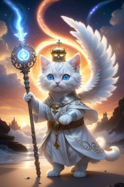 kitten,
fantasy worlds,
white cat mage wearing intricate ancient robes,
holding an white staff,(Papal Crown:1.2),
blue eyes,
intricate runic symbols swirling around,
casting  spell,
Holy Light,
fluffy tail,
detailed surroundings,
(hyper-detailed,high quali...