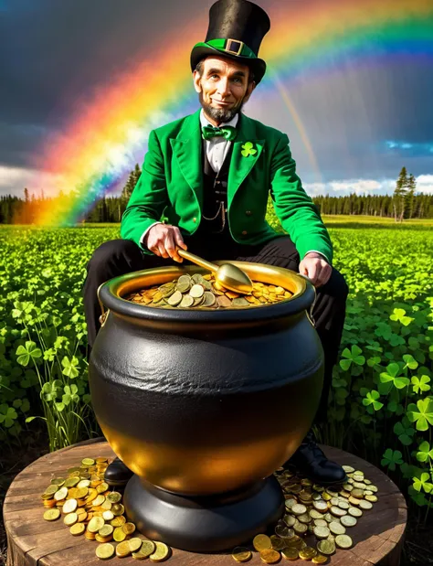 cauldron full of  gold coins, (Abraham Lincoln) dressed as a leprechaun, leaning on cauldron full of  gold coins, rainbow rising from cauldron,  four-leaf clover, cane, absurdres, highly detailed, raw, photo, realistic