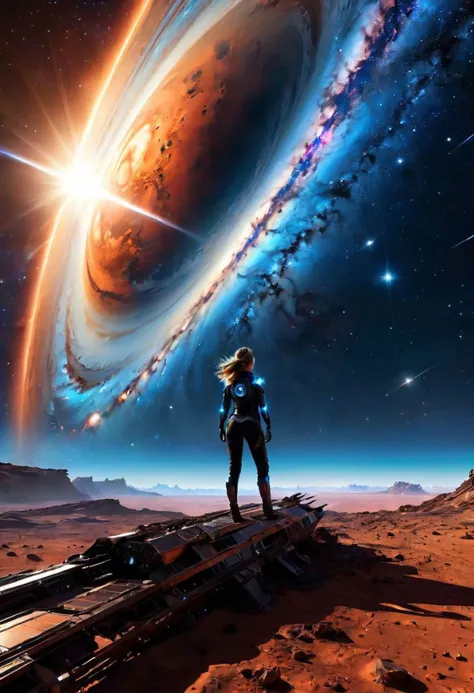 a woman standing on a rock looking at a large black hole