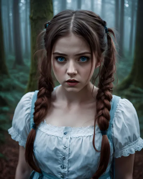 Ultra-realistic theme, german girl in an enchanted forest, overwhelmed with emotion and anger, angry with sadness, (expressive eyes:1.3), twin tails, very mad expression, dangerous, full of madness, light blue eyes reflect insaneness, (creepy), high detail...