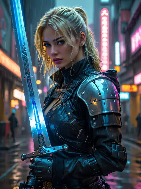 a beautiful woman, blonde hair,detailed face,
portrait, holding glowing sword, cyberpunk setting, photorealistic, hyper detailed, 16K, HDR, HKStyle, HD, masterpiece, best quality, hyper detailed, ultra detailed,raining, rainy weather,
 <lora:HKStyle:0.5>