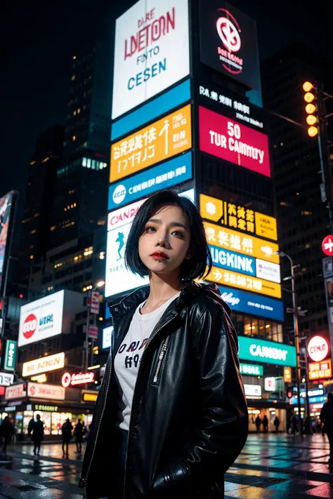 analog style| photograph of woman standing alone in the rain silhouetted by neon lights | Cyberpunk | Night City | Canon EF 50mm f/1.8 STM Lens | 2077 | realistic | hyperrealistic | raytracing | depth of field | full of color | cinematic | highly detailed ...