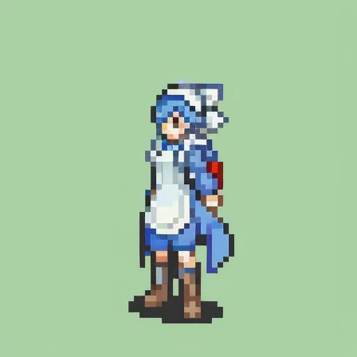 a pixel art of a woman in a blue dress and hat