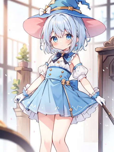 dry pastel art style, (blurry:1.2), ((small:1.5)), pretty, petite, female, solo, cute, blue eyes, blue hair, short hair, bangs, ahoge, witch hat, blue dress, blue skirt, short skirt, pink gloves, jewelry, standing, looking at viewer, renaissance era city,