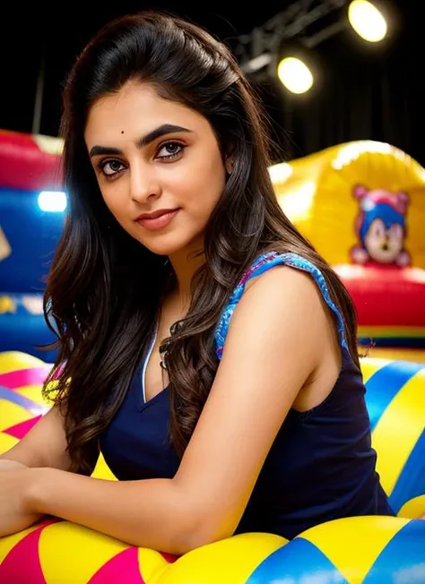 closeup portrait of skswoman, background bouncy castle epic (photo, studio lighting, hard light, sony a7, 50 mm, matte skin, pores, colors, hyperdetailed, hyperrealistic), <lyco:Priyanka Arul Mohan:1.1>