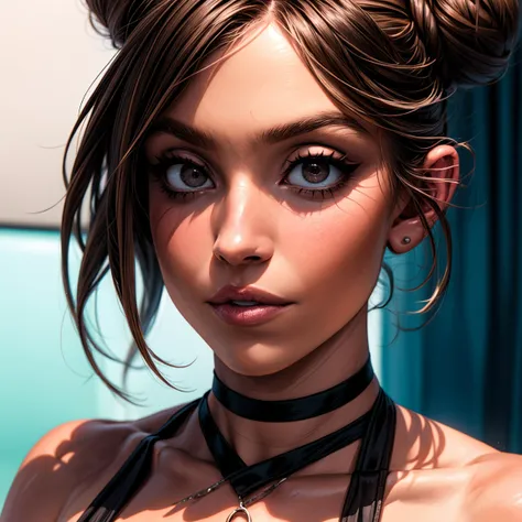 (ultra-detailed graphic novel illustration:1.1),
<lora:detail tweaker 90 CA 15:1.2>, <lora:Sydney Sweeney:0.9>, BREAK,
young sports-girl, short dark hair bun, large brown eyes,
pink lips, choker, (small tight black sexy open swimwear:1.1),
(close portrait ...