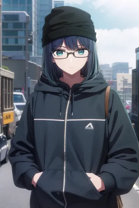 akanekurokawa, <lora:akane kurokawa s1-lora-nochekaiser:1>,
akane kurokawa, bangs, (green eyes:1.3), blue hair, medium hair, dark blue hair,
BREAK long sleeves, hat, jacket, glasses, hood, black jacket, black headwear, hoodie, hood down, red-framed eyewear...