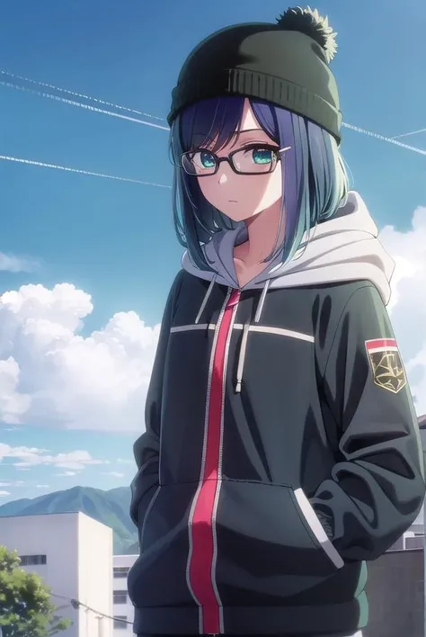 akanekurokawa, <lora:akane kurokawa s1-lora-nochekaiser:1>,
akane kurokawa, bangs, (green eyes:1.3), blue hair, medium hair, dark blue hair,
BREAK long sleeves, hat, jacket, glasses, hood, black jacket, black headwear, hoodie, hood down, red-framed eyewear...