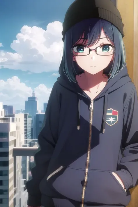 akanekurokawa, <lora:akane kurokawa s1-lora-nochekaiser:1>,
akane kurokawa, bangs, (green eyes:1.3), blue hair, medium hair, dark blue hair,
BREAK long sleeves, hat, jacket, glasses, hood, black jacket, black headwear, hoodie, hood down, red-framed eyewear...