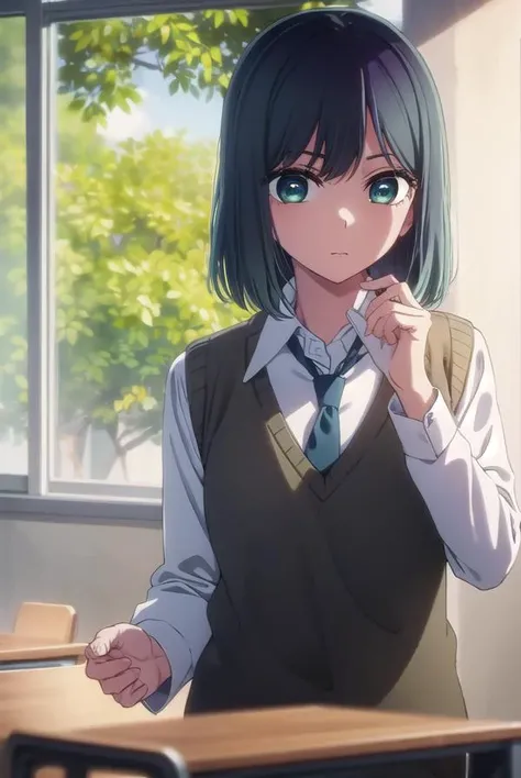 akanekurokawa, <lora:akane kurokawa s1-lora-nochekaiser:1>,
akane kurokawa, bangs, (green eyes:1.3), blue hair, medium hair, dark blue hair,
BREAK shirt, school uniform, white shirt, necktie, collared shirt, vest, blue necktie,
BREAK indoors, classroom,
BR...