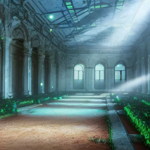 abandoned, mansion, nature, ligh beam, inside, light particles, vines, cold, mist,  light blue light,