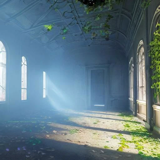 abandoned, mansion, nature, ligh beam, inside, light particles, vines, cold,