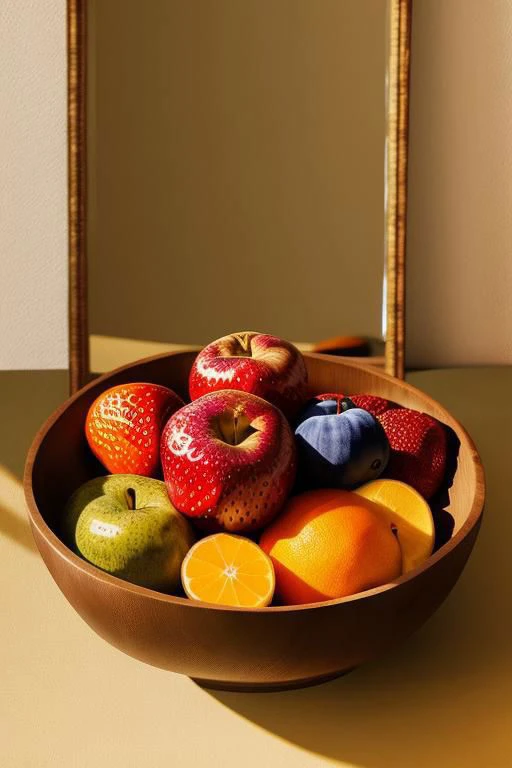 Wooden Bowl of various fruit on a glass table in a room full of mirrors and glass windows, reflections, Rembrandt lighting, dappled sunlight