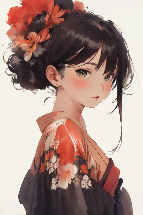 a woman with a flower in her hair and a kimono