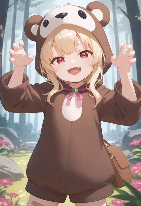 score_9, score_7_up, anime_coloring, nobeta (bear), red eyes, bandaid on leg, bear costume, pink ribbon, standing, legs apart, claw pose, (smug), open mouth, skin fangs, looking at viewer, outdoors, forest, rocks, trees, flowers , <lora:38a833c3-b9bb-4ed3-...