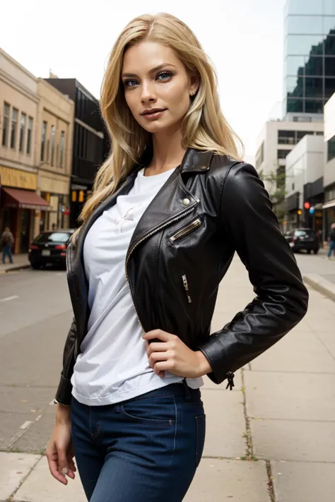 arafed woman in a white shirt and black leather jacket