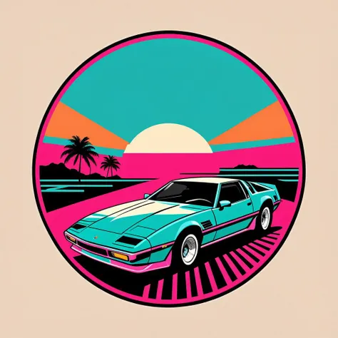 a car with a sunset in the background and palm trees