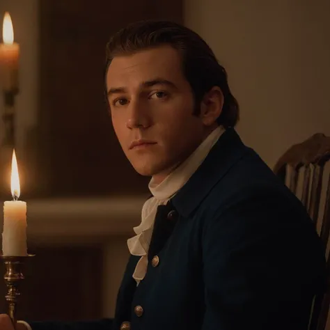 cinematic film still of  <lora:American Revolutionary War style:1>
American Patriot a man sitting in a chair with a candle in the background,solo,looking at viewer,1boy,male focus,parted lips,realistic,candle , American Revolutionary War style, 1812, 1816,...