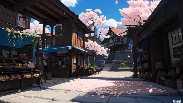 mengde,small town,flowers,sakura on the ground,sakura trees,booths,street,stairs,masterpiece,best quality, highly detailed, cinematic lighting, sharp focus, realistic ,(high quality, best quality, hi res), (ultimate phtoreal Concept Art),realistic,photo re...