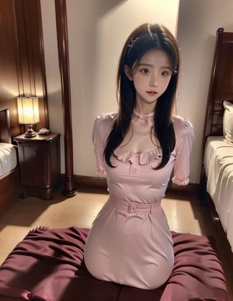 a close up of a woman in a pink dress sitting on a bed